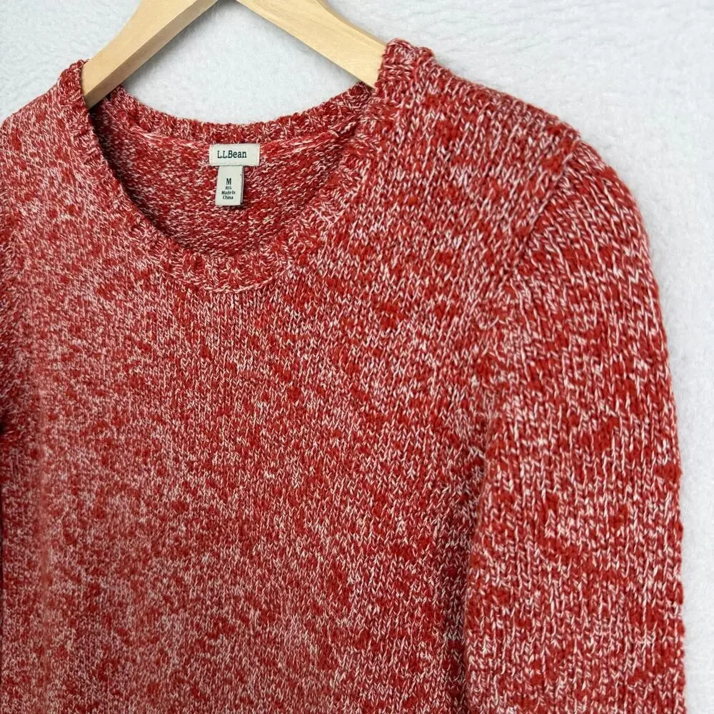 LL BEAN Sweater Womens M Cotton Ragg Pullover Crew Neck Jumper Marled Red